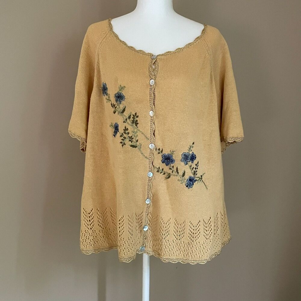 R&K VTG Embroidered Crochet Cottage Cotton Blend Button Down Cardigan Sweater